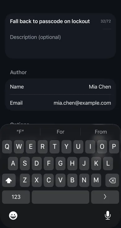 The Commit sheet with the message Fall back to passcode on lockout, by Mia Chen.