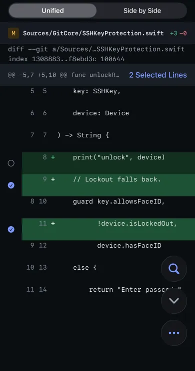 Trit's diff of SSHKeyProtection.swift with two of three added lines selected to commit: the lockout comment and the isLockedOut check, not the debug print.