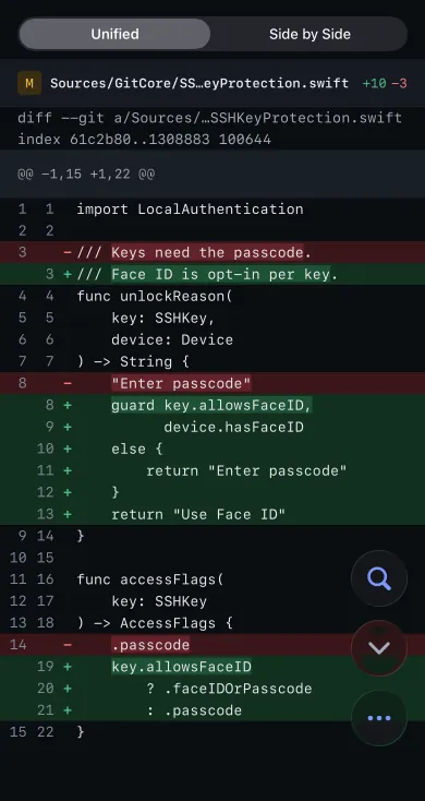 Trit on iPhone showing the diff of GitHub pull request #42 in SSHKeyProtection.swift: the new guard requires key.allowsFaceID and device.hasFaceID.