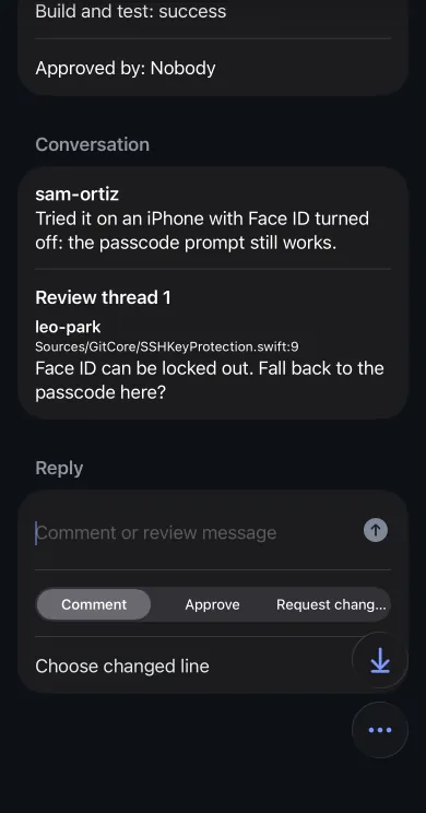 GitHub pull request #42 after posting from iPhone: Review thread 1 by leo-park on SSHKeyProtection.swift line 9.