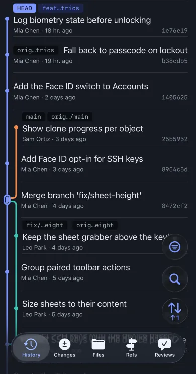 Trit's History on feature/ssh-biometrics with the commit Log biometry state before unlocking at HEAD, one commit ahead of origin.