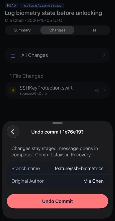The Undo commit sheet: Changes stay staged; message opens in composer. Commit stays in Recovery. Undo Commit.